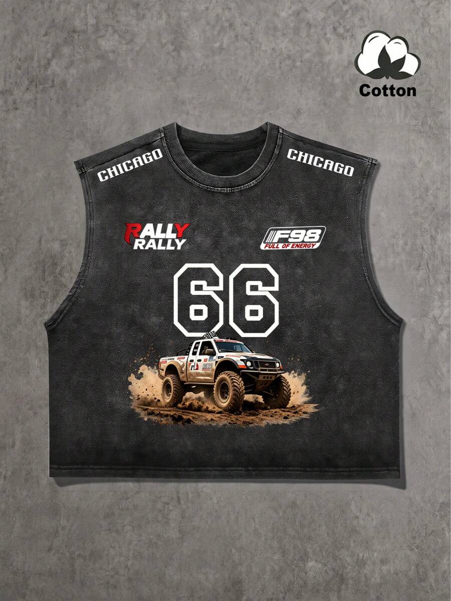 YUNCHIC Men's Summer American Street Style Chicago Washed Sleeveless Sports Tank Top, Off-Road Truck Print Loose Top, Street, Casual, Youthful, Minimalist, Campus, Vintage, Versatile, Textured, Elegant, Personalized, Sports - Black - View 1