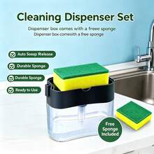 1Pc 385ml PP Plastic Kitchen Soap Dispenser Set, Transparent Visible Press‑Auto Detergent Box With Free Sponge, Refillable Reusable For Dishes Pots Sink Home Dorm Kitchen Cleaning - Durable Version - View 6