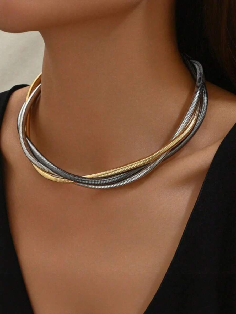 1pc Fashion Punk Exaggerated Metal Multilayer Twisted Rope Choker Necklace (Minor Defects Such As Scratches Are Normal And Unavoidable) - Multicolor - View 1