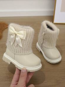 1 Pair Baby Girl Bow Decor Fuzzy Fleece Lined Warm Comfortable Flat Short Boots Snow Boots For Autumn Winter - Beige - View 7