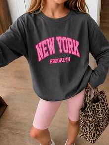 大女孩與青少年女童 1 件休閒印花長袖 T 恤，春秋款，年輕學生兒童服飾，時尚保暖舒適合身上衣 - 深灰色 - 查看 3