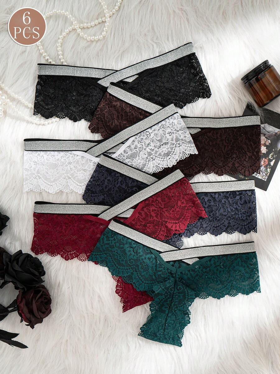 6pcs/Pack Women's Sexy Silver Metallic Criss-Cross Strap & Lace Trim Triangle Panties - Multicolor - View 1
