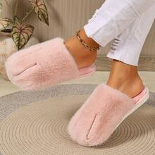Women's Autumn/Winter Milk Tea Color Split Toe Pig-Hoof Closed-Toe Fuzzy Slippers, Soft Thick Faux Rabbit Fur Mule Flat Non-Slip Slouchy Slip-On Slippers, Indoor Warm Thermal Slippers For Home/Dorm, Simple Solid Color Versatile Casual Shoes For Outdoor Wear - Pink - View 6