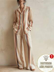 Fall Women Vintage Casual Elegant Colorful Striped Matching Outfit Collar Long Sleeve Shirt High Waist Wide Leg Pants 2 Pieces Suit - Multicolor - View 3