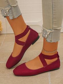 Sepatu Flat Wanita Terbaru Musim Semi/Gugur Warna Burgundy, Tali Elastis Silang, Ujung Persegi, Model Slip-On, Lembut, Serbaguna, Sepatu Mary Jane Gaya Balet - Burgundy - View 1