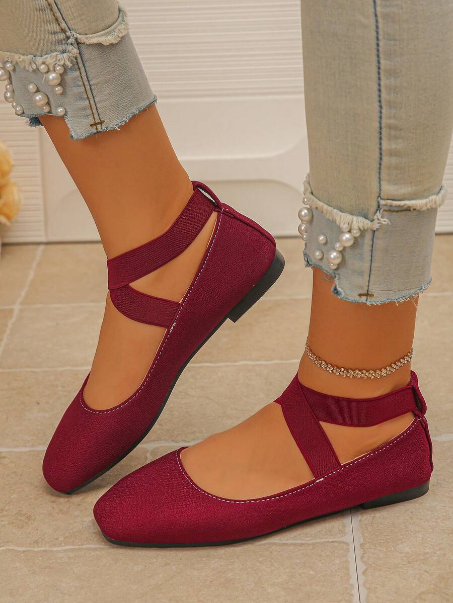 Sepatu Flat Wanita Terbaru Musim Semi/Gugur Warna Burgundy, Tali Elastis Silang, Ujung Persegi, Model Slip-On, Lembut, Serbaguna, Sepatu Mary Jane Gaya Balet - Burgundy - View 1
