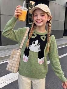 Girls' Cute Cat Pattern Round Neck Long Sleeve Knit Pullover Sweater, Suitable For Daily Casual Wear, Vacation, Spring, Autumn, Winter - Green - View 2