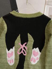 Girls' Cute Cat Pattern Round Neck Long Sleeve Knit Pullover Sweater, Suitable For Daily Casual Wear, Vacation, Spring, Autumn, Winter - Green - View 7
