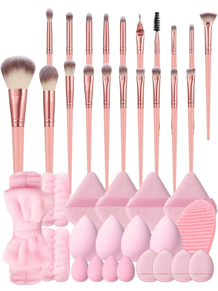 20/40Pcs Complete Cosmetic Tool Kit, 20Pcs Soft Synthetic Makeup Brushes For Face & Eye Makeup, Assorted Soft Makeup Sponges & Triangle Powder Puffs,Headbands, Cleaning Pad, Versatile Makeupfor Foundation Eyeshadow For Daily Makeup Application - Pink - View 1