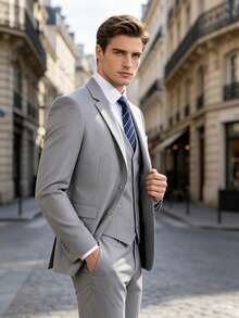 Men 3 Pieces Business Wedding Suits, 2 Button Single Breasted Blazer V-Neck Vest Straight Pants, Daily Repeated Formal Wear - Light Grey - View 8
