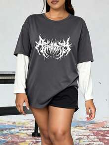 Kaos Wanita Lengan Panjang Patchwork Motif Petir Gaya Retro Punk Rock, Kasual 2 In 1 - putih keabu-abuan - View 3
