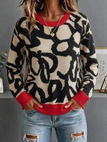 GIGOGOU Women's Autumn/Winter Colorblock Red Trim Round Neck Long Sleeve Knit Sweater, Casual Loose Fit Pullover - Red - View 8