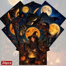 24張+A 紅包神秘迷人萬聖節明信片,女巫與南瓜月光場景,附「Happy Halloween」文字,適合送給朋友,秋季節慶藝術風格 - 套裝 - 查看 9
