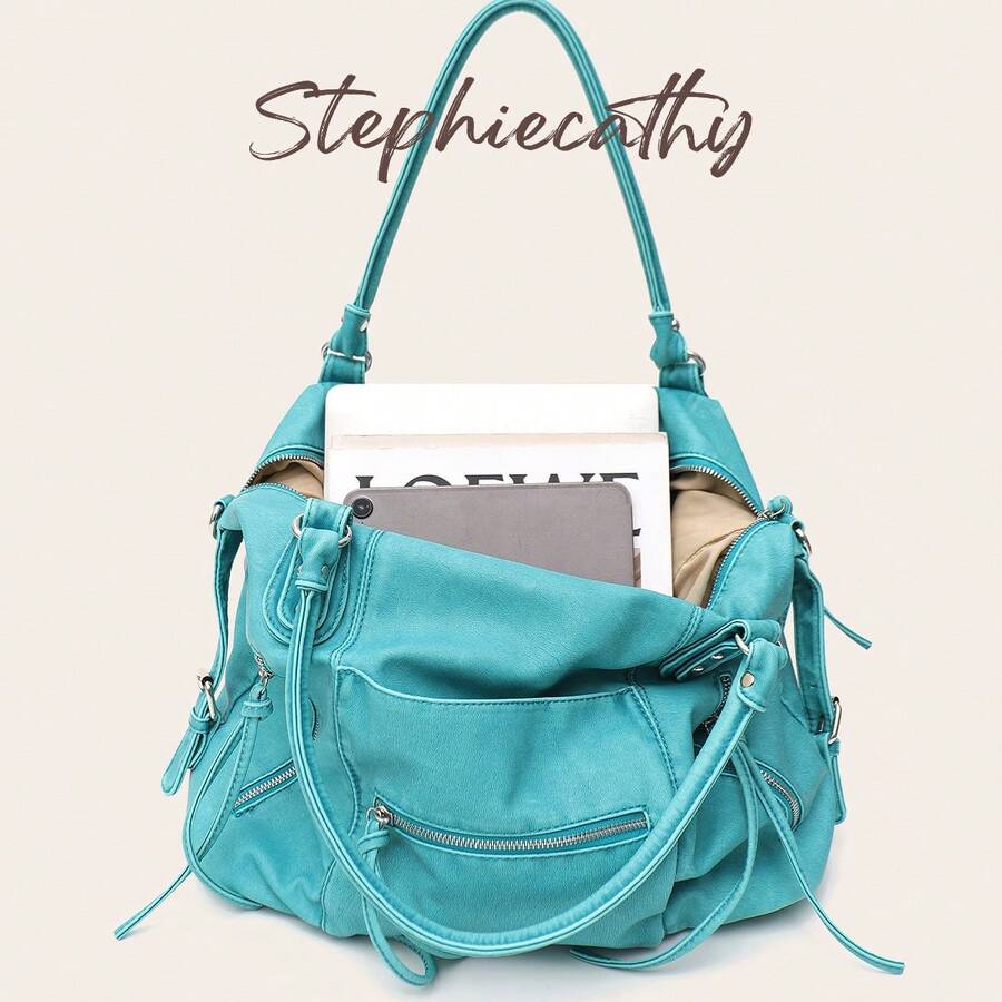 STEPHIECATHY Street Style Women's Matte Washed PU Leather Crossbody Shoulder Handbag, Large Practical Multi-Pocket Casual Daily Commute Travel Student Bag - Teal Blue - View 1