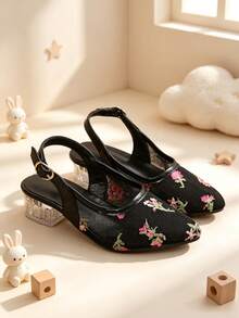 Girls' Floral Embroidered Pointed Toe Slingback High Heels, Transparent Crystal Chunky Heel, Adjustable Gold Buckle Strap, Wedding, Banquet, Birthday Party Formal Dress Shoes - Black - View 4