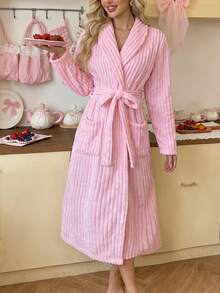 Autumn/Winter Solid Color Vertical Striped Flannel Long Robe, 3D Textured Fabric Soft And Fluffy Without Clumping, Classic Open Front Bathrobe Style With Matching Waist Tie, Loose Drop Shoulder Long Sleeve Design, Extended Length For Full Body Warmth, Dual Side Practical Pockets, Minimalist Solid Color Versatile For All Skin Tones, Popular Home Bathrobe In Europe, America And Middle East - Pink - View 3