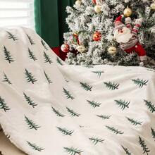1pc White Background Deep Green Mini Christmas Tree Print Flannel Throw Blanket, Christmas Holiday Decor Sofa Bedroom Blanket - Multicolor - View 6