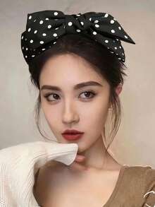 1件女款黑色波點大蝴蝶結髮箍，時尚百搭高級簡約風簡單髮帶，適合日常穿著、外出、通勤、派對、休閒、海灘度假、洗臉、化妝、搭配衣著的髮飾 - 黑色 - 查看 3