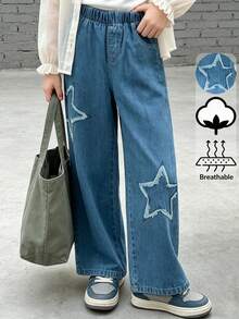 1pc Tween Girls Jeans All Season Vintage Street Style Five-Point Star Frayed Embroidery Denim Wide Leg Pants Y2K Style Suitable For Daily Casual Party Gathering Outfit - Medium Wash - View 3