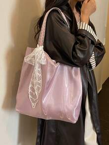 1件女款拼色尼龍肩背托特包，時尚大容量，附五星裝飾，適合購物、度假與旅行 - 紫色 - 查看 6