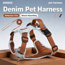 Denim Style Pet Harness, Anti-Pull Anti-Escape Reflective Dog Harness, Comfortable Breathable Mesh Lining, Close-Range Anti-Pull Auxiliary Handle, Four-Point Adjustable For Customized Fit, Suitable For Small And Medium Dogs. Leash With Wide Handle To Disperse Pulling Force And Prevent Hand Strain. - Blue Gray - View 2