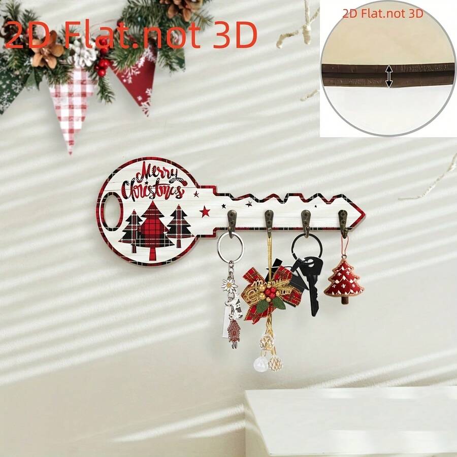 2D Flat Classic Style Christmas Wooden Key Rack With 4 Hooks And Small Screwdriver, Holiday Wall Key Holder Storage For Kitchen, Bathroom, Keys And Accessories, Red - Multicolor - View 1