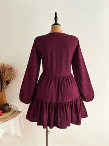 Rusttydustty Women's Red Vintage Bohemian Doll Dress, Lace Patchwork Design, Lantern Long Sleeves, Suitable For Daily Autumn Outings, Suitable For Halloween - Burgundy - View 10
