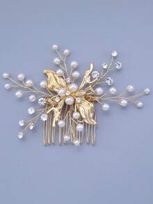1pc Butterfly Alloy Faux Pearl Crystal Decorated Fashion Hair Comb, Suitable For Wedding, Daily, Party, Festival Women's Hair Accessory - Gold - View 2