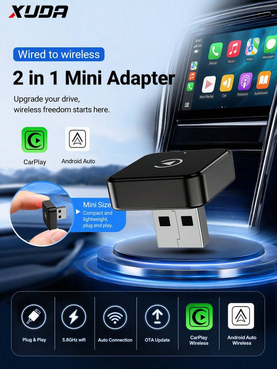 XUDA 2in1 Wireless CarPlay & Android Auto Adapter – USB-C ,Supports Wireless Connectivity; Compatible With IOS 10+ And Android 11+ ,Enhances The In-Car Entertainment Experience – Cable-Free, Easy Setup, Superior Audio Output, And Stable Transmission. - A - View 1