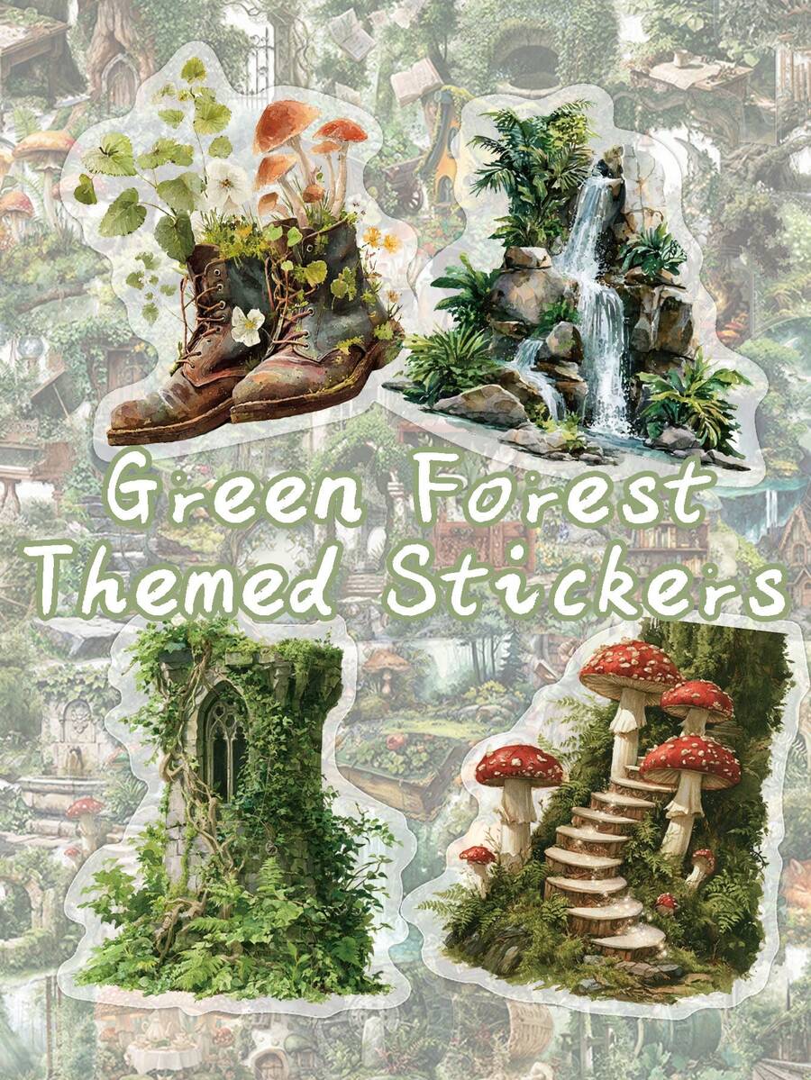 SCXXBSW 50pcs/100pcs Green Forest-Themed Sticker Set Eye-Catching PET Decorative Stickers For Envelopes, Skateboards, Notebooks, Cars, And Planners Perfect For Rewards And Holiday Gifts - Sticker - View 1