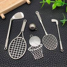 2/6pcs Sports Charms Badminton Racket Tennis Racket Golf Club Basketball Ball Pendants For DIY Bracelet Earring Necklace Jewelry Making Supplies - Silver - View 2
