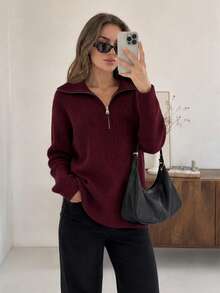 Wixra Women Oversized Half‑Zip Lapel Ribbed Knit Sweater Drop Shoulder Long Sleeve Casual Pullover Top - Burgundy - View 1