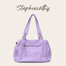 STEPHIECATHY 純色軟洗PU皮革拉鍊開合多口袋單肩斜跨包 女款中性復古休閒校園日常旅行風格 - 紫丁香色 - 查看 5
