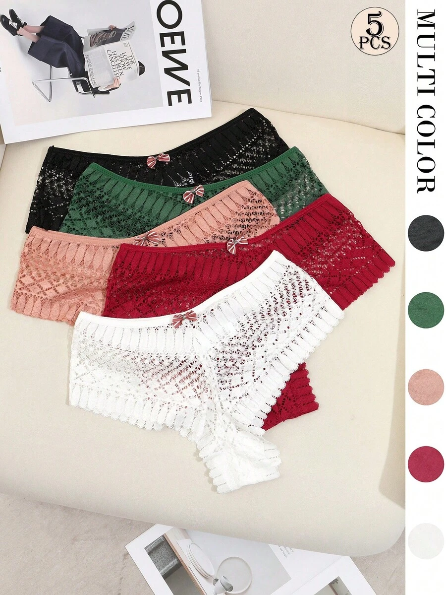 Aofeiqike 5pcs Women's Lace Hipster Panties, Wavy Edge With Bow Decor, Hollow Out Multi-Color Everyday Underwear - Multicolor - View 1