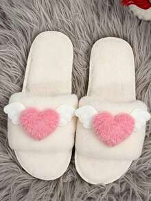 New Autumn/Winter Women's Low Vamp Flat Slippers, Daily Home Fuzzy Slides With Heart Design And Single Strap - White - View 2