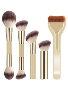 5pcs Multi-Function Makeup Brush Set, Dual-Ended Powder & Blush Brush, Dual-Ended Contour Brush, Wavy Foundation Brush, Angled Powder Brush, Angled Contour Brush, Fluffy Bristles, Non-Absorbent, Suitable For Student Home Makeup And On-The-Go Touch-Ups - Multicolor - View 14