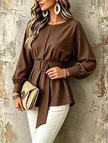 Fashion Women's Round Neck Woven Fine Striped Top With Belt And Asymmetric Hem, Long Sleeve Shirt Style, Suitable For Daily Wear - Brown - View 4