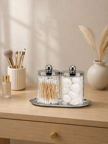 1/2pcs Transparent Bathroom Storage Jars With Lids And Black Tray, Cotton Swab & Dental Floss Holder, Suitable For Vanity Countertop - Multicolor - View 11