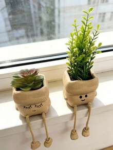 2pcs Cute Cartoon Face Ceramic Succulent Planter With Hanging Dangling Legs, Creative Funny Plant Pot, Decorative Plant Holder For Desktop Home Office Shelf Decor, Gift For Plant Lovers - Khaki - View 6