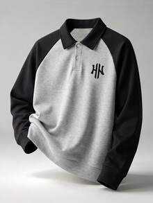 1pc Boys' Printed Fleece Colorblock Design Drop Shoulder Polo Collar Sweatshirt, Autumn/Winter - Grey - View 1