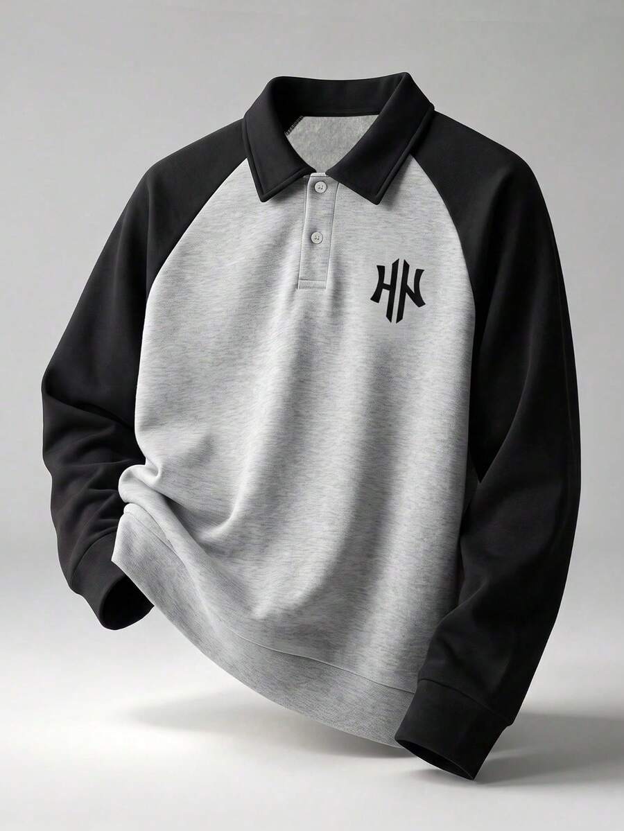 1pc Boys' Printed Fleece Colorblock Design Drop Shoulder Polo Collar Sweatshirt, Autumn/Winter - Grey - View 1