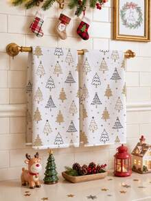 2pcs Christmas Minimalist Christmas Tree Pattern Kitchen Towels, Soft Polyester Material Dish Cloths, Suitable For Kitchen Decor, Kitchen Cleaning, Holiday Party Decoration, Kitchen & Bathroom Supplies Home Essentials, Home Decor, Housewarming Gift - Multicolor - View 1
