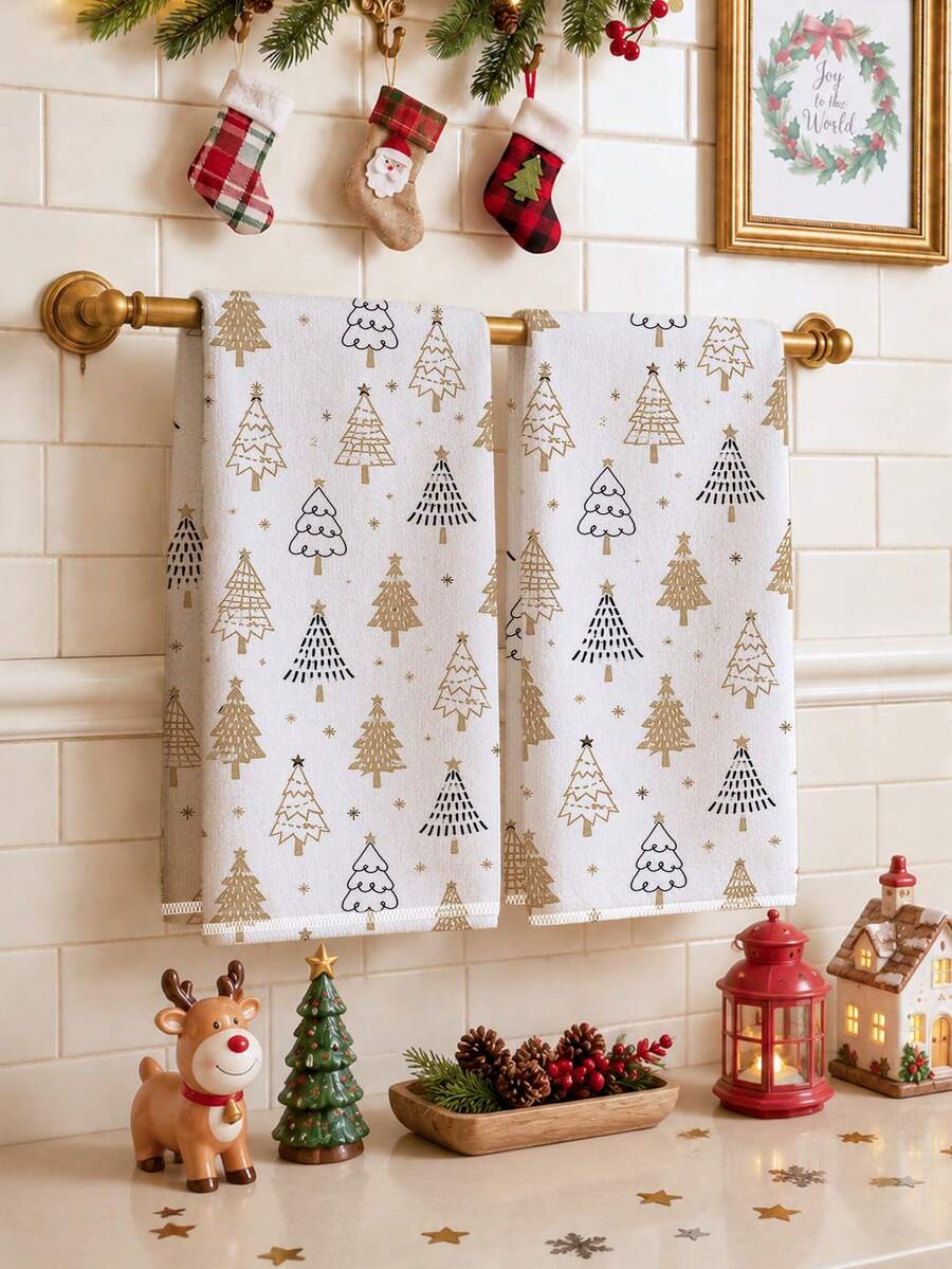 2pcs Christmas Minimalist Christmas Tree Pattern Kitchen Towels, Soft Polyester Material Dish Cloths, Suitable For Kitchen Decor, Kitchen Cleaning, Holiday Party Decoration, Kitchen & Bathroom Supplies Home Essentials, Home Decor, Housewarming Gift - Multicolor - View 1