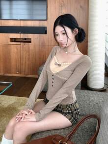 Women's 2-In-1 Lace Patchwork Long Sleeve T-Shirt Top, Autumn Base Layer - Khaki - View 2