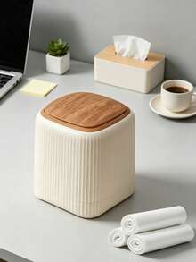 Mini Desktop Trash Can With Press-Type Lid, Faux Wood Grain Design, Home Waste Paper Bin, Includes 3 Rolls Of 60 Garbage Bags, Suitable For Coffee Table, Office, Living Room, Study, Bedroom Vanity - Multicolor - View 4