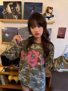 秋服Tシャツ  アメリカンレトロ レタープリント ワッフルtシャツ 迷彩 長袖tシャツ軽薄 ゆったり 百掛け トップス 快適秋冬インナー カレッジ風 通学 カジュアル スウェット体型カバー   日常  度假 - 迷彩 - チェックする 11