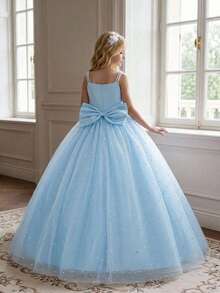 Tween Girls Faux Pearl Spaghetti Strap Sequin Mesh Back Bow Elegant Prom Dress, Headband Not Included - Baby Blue - View 1