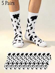 5 Pairs Men's Cow‑Print Mid‑Calf Socks, Black‑And‑White Cow Spotted, Soft And Breathable, Suitable For Daily Casual Outfits, Individual Socks - Multicolor - View 6