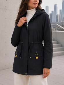 Women's Hooded Utility Jacket With Adjustable Cinched Waist Flap Pockets Zip Front Casual Mid Length Coat - Black - View 7