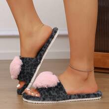 Leopard Print Plush Women's Open Toe Slippers, Dorm Bedroom Daily Wear, Cute 3D Heart Decor Home Slippers - Blue - View 4